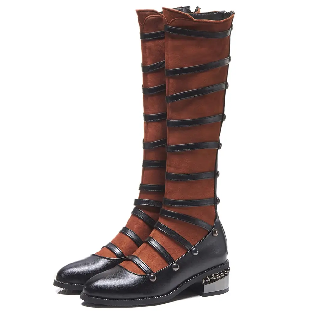 Sgesvier/; женские сапоги-гладиаторы до колена в стиле панк и готика; женская обувь из флока с пряжкой на среднем квадратном каблуке; цвет черный, коричневый; рыцарские сапоги