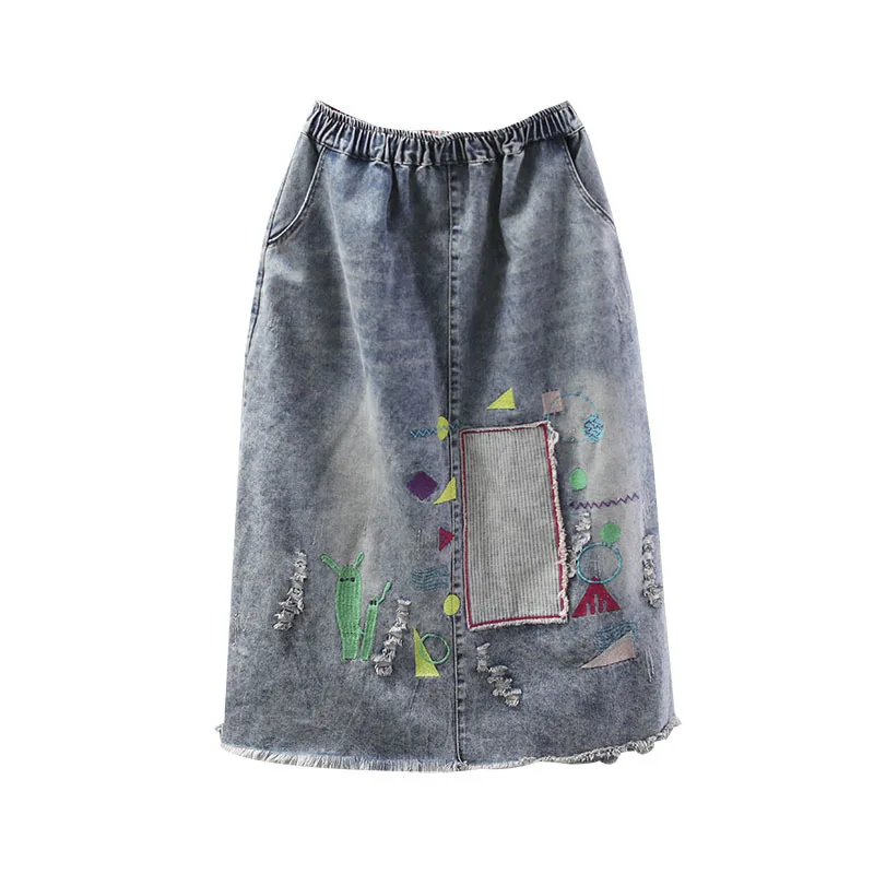 Весенняя трапециевидная юбка женская джинсовая юбка ретро эластичная талия патч-юбка 98016 lpp