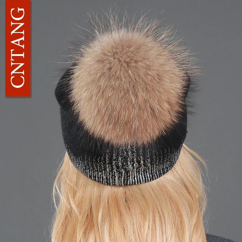2024 New Winter Beanies Ladies Knitted Wool Warm Hats Fashion Pom Pom Real Raccoon Fur Caps Skullies Hat For Women Print Fur Cap 6