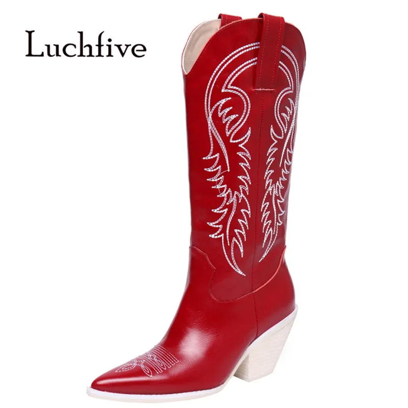 

2019 Real Leather Red Knee High Boots Women Pointed Toe Embroidery Strange High Heel Boots Women Fashion Wedges Boots