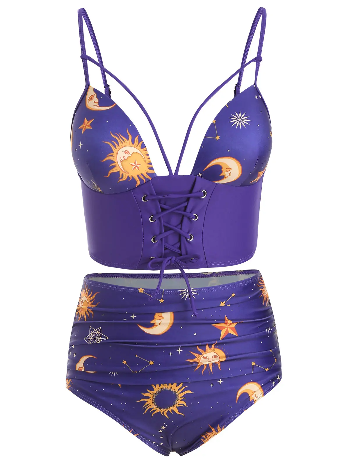 Lace Up Ruched Sun And Moon Tankini Swimsuit Beach Wear Halter Strap Backless Bikini Set High Waist Swimwear Women Biquini - Цвет: Purple