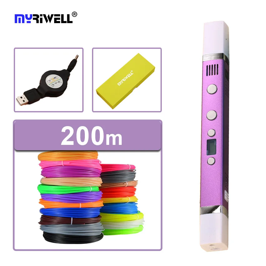 Myriwell 3D Ручка usb зарядка 3D печать Ручка+ 200 м ABS нить светодиодный экран каракули креативная игрушка подарок для детей дизайн рисунок - Цвет: Фиолетовый