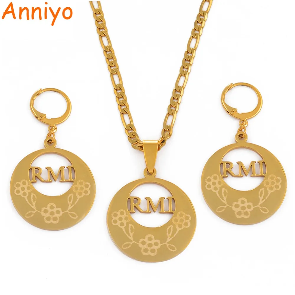 

Anniyo RMI Pendant Necklaces and Earrings for Women Gold Color Stainless Steel Jewelry Gifts /CANNOT CUSTOMIZE THE NAME #046321