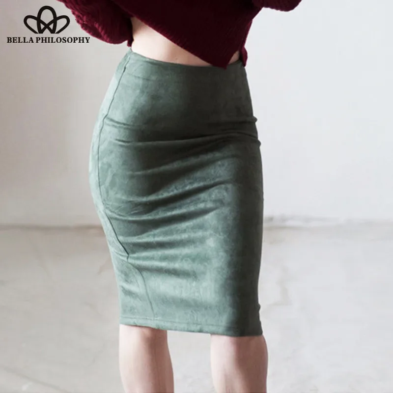 Wonder Elastic Waist Faux Suede Sexy Midi Skirts Vintage Split Female Bodycon Skirts Office Lady Pencil Skirts Bottoms 2019