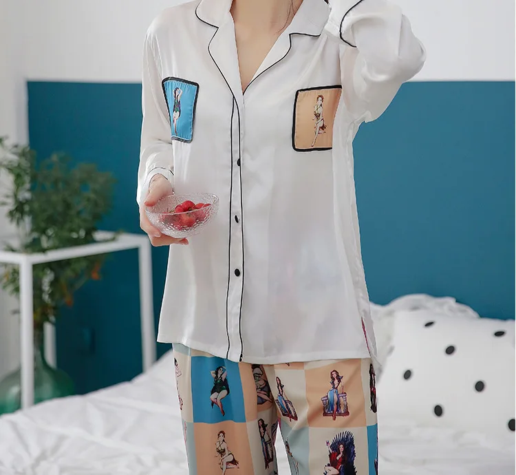 Стильный женский пижамный комплект, шелковая атласная пижама, весна-лето, длинный рукав, брюки, двухсекционный костюм, домашняя одежда, пижама для женщин, P-1032
