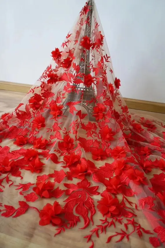 

2019 latest French lace Skirt swing,RED heavy embroidery lace fabric with 3d florals super delicate fabric