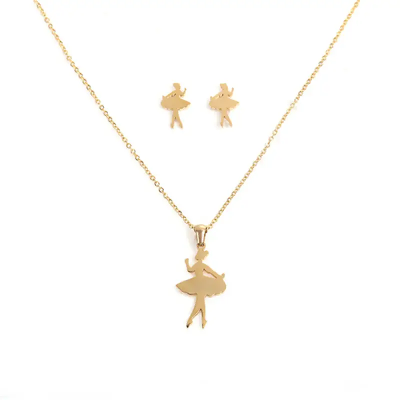 

1 Set Fashion Stainless Steel Necklace Stud Earring Set Gold Ballerina Trendy Women Girls Party Jewelry Gift 45cm(17 6/8") Long