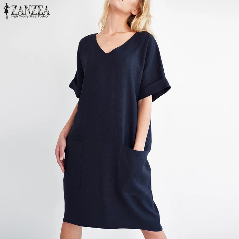 ZANZEA, летнее женское сексуальное платье с v-образным вырезом и коротким рукавом, элегантное офисное платье, повседневное свободное пляжное платье, женская одежда 5XL