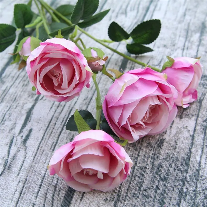 HOT Fake Rose (6 heads/piece) Simulation Roses With Green Leaf for