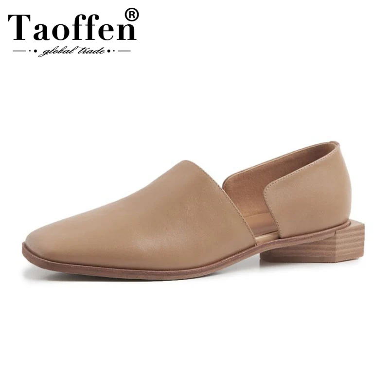 

TAOFFEN Real Leather Daily Office Ladies Flats Shoes Women Square Toe Simple Leisure Summer Vacation Flats Shoes Size 35-40