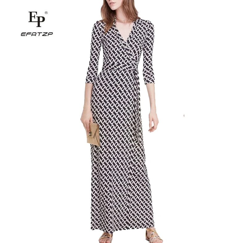

EFATZP brand womens clothes elegant runway dress 2018 summer geometric print black and white dress sexy v neck long wrap dress