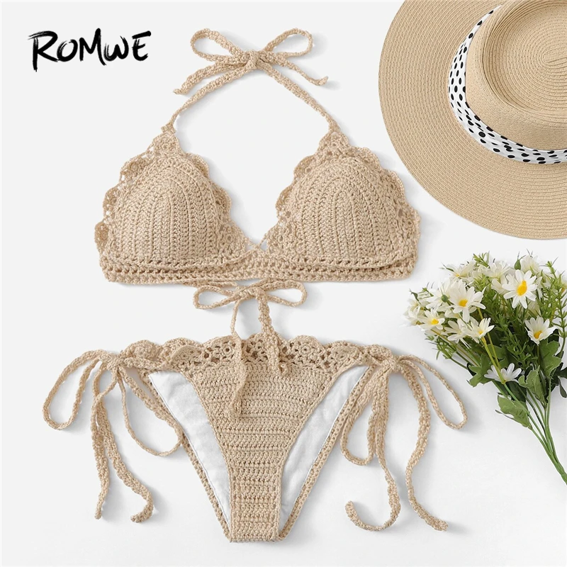 

Romwe Sport Bikinis Set Scalloped Trim Crochet Halter Top With Tie Side Bottoms Swimwear Women Summer Beach Vacation Swimsuit