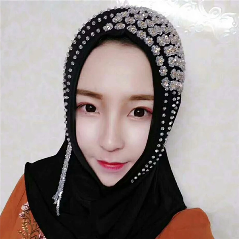 

2019 Woman hijab Solid Color Rhinestone Shining Sequins Chiffon Silk Popular Shawls Scarf Headband Muslim Turban abaya Diamonds