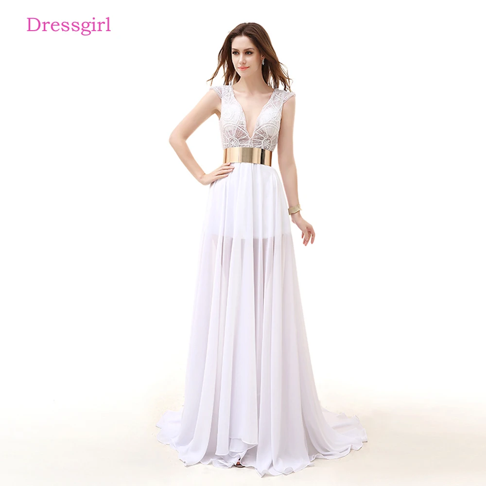 V Neck Backless Lace Chiffon Dress In White