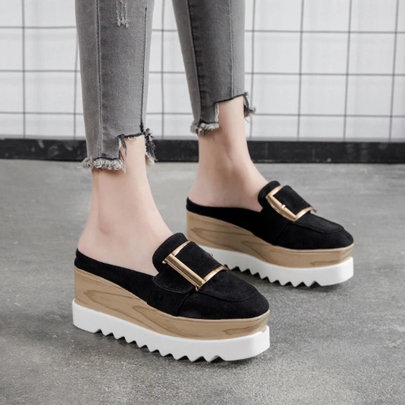 

Woman Wedges Mules buckle Platform Heels Slides Fashion Oxford square toe Shoes Slip on Thick bottom Sandals pink khaki black