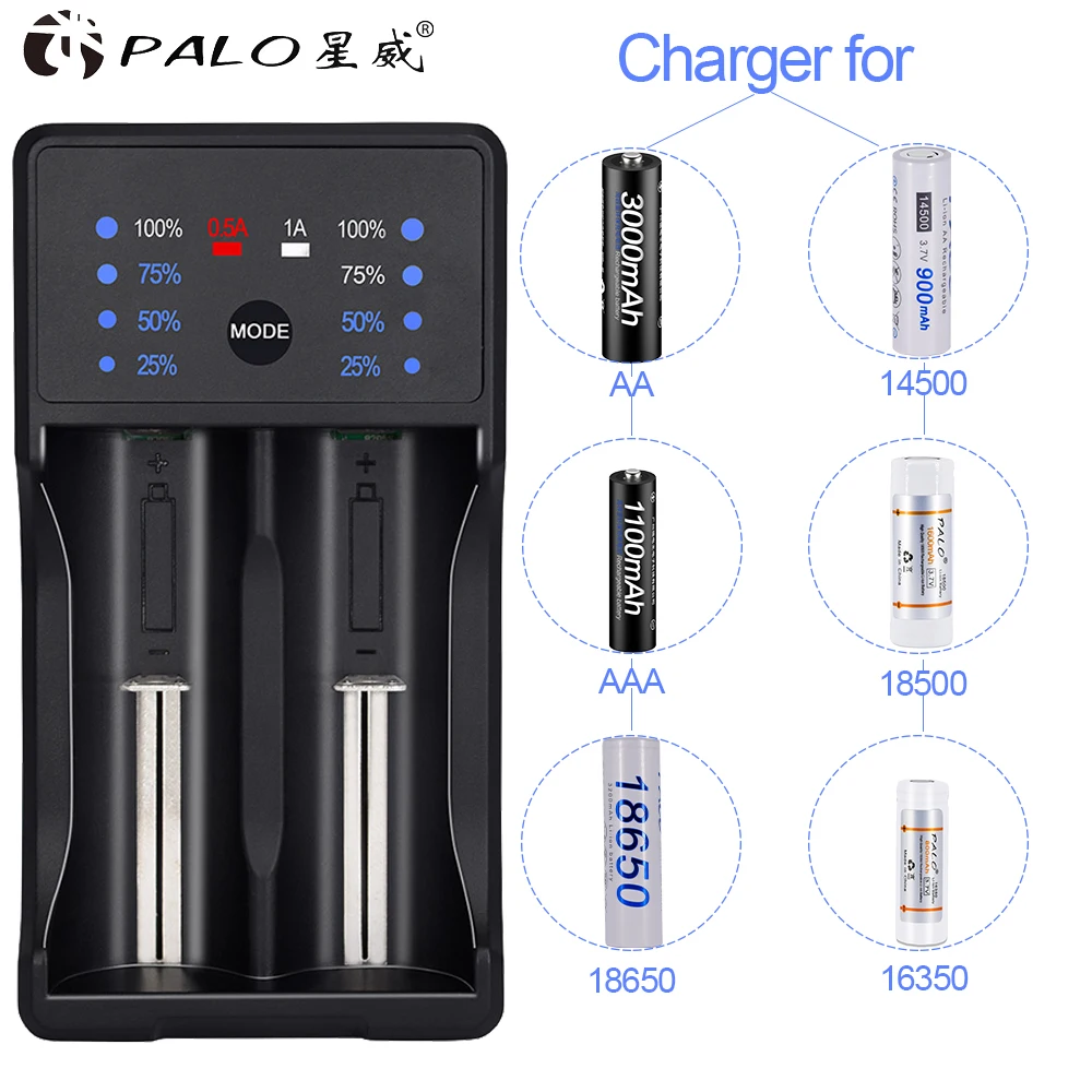 PALO 18500 батарея 3,7 V 1600mAh литиевая аккумуляторная батарея 18500 с USB умным зарядным устройством для 18500 16350 14500 18650 батарея