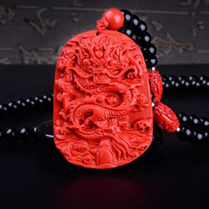 

Free shipping Handmade Cinnabar Pendant Necklace Hand-carve 50*37mm Big size Chinese Red Dragon Neck Chain Jewelry