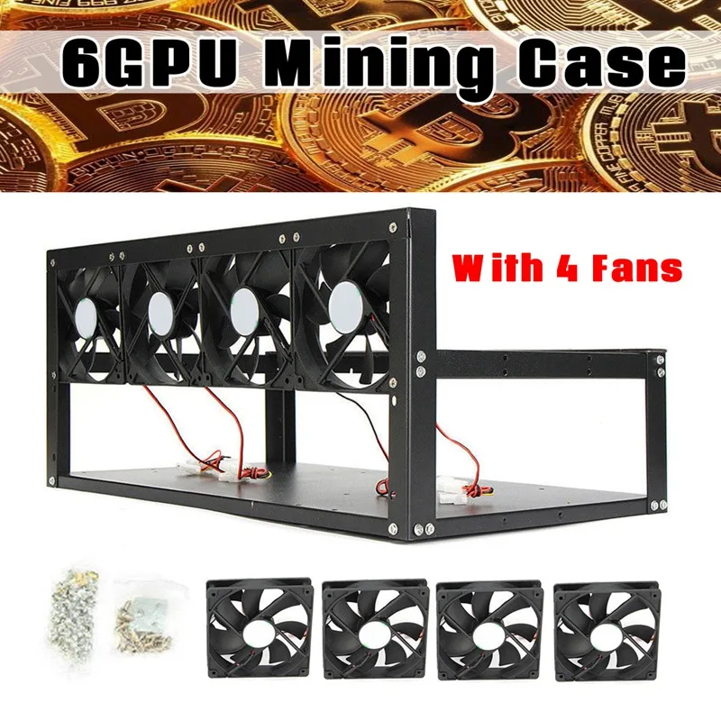 

6 GPU Mining Rig Aluminum Computer Case + With 4 Fans Open Air Frame For ETH ZEC/Bitcoin