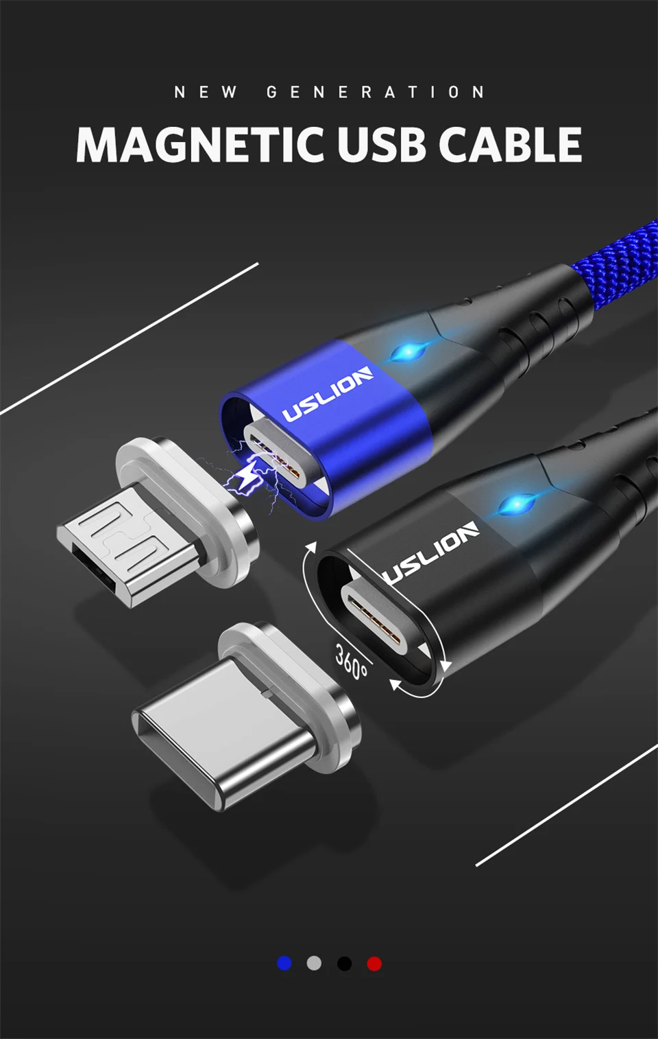 Магнитный usb-кабель USLION с магнитной вилкой и кабелем USB типа C и кабелем Micro usb 1 м USB кабель для быстрой зарядки samsung Xiaomi