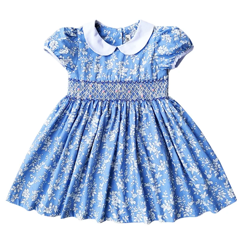 Новые летние детские Платья с цветочным принтом и коротким воротником в стиле Питера Пэна; английский стиль; ручная работа; с поясом; с бантом; платья принцессы для девочек 3-7 лет