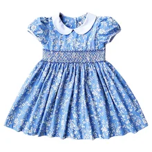 Новые летние детские Платья с цветочным принтом и коротким воротником в стиле Питера Пэна; английский стиль; ручная работа; с поясом; с бантом; платья принцессы для девочек 3-7 лет