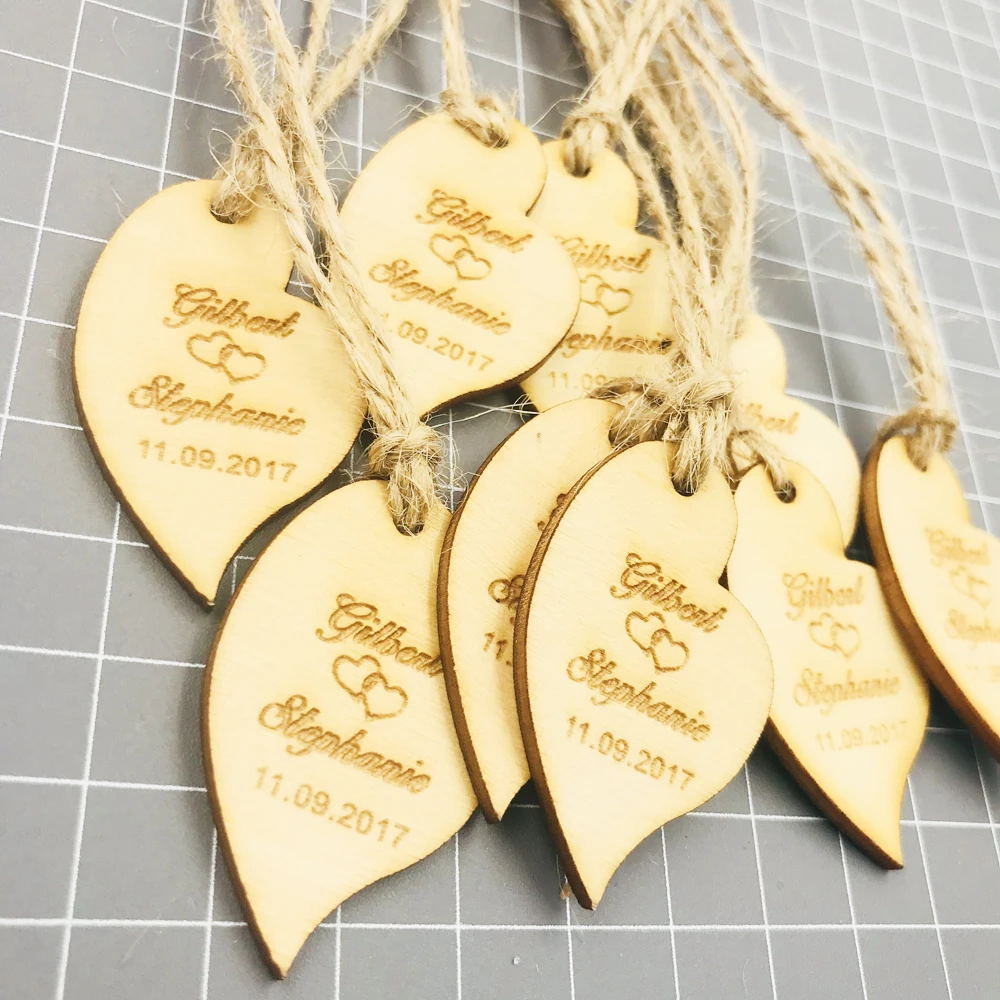 50pcs Personalised Rustic Wedding Wine Charm Wood Heart Label