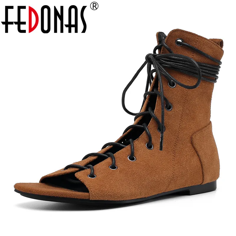 

FEDONAS 2019 Spring Summer Mid-Calf Boots High Quality Cow Suede Boots Brand Design Fashion Peep Toe Boots Casual Shoes Woman