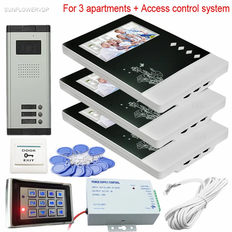 For 3 Apartments Video Door Intercom CCD 700TVL 3 Buttons Intercom Door Phone System With Rfid Keypad Access Control System Kits