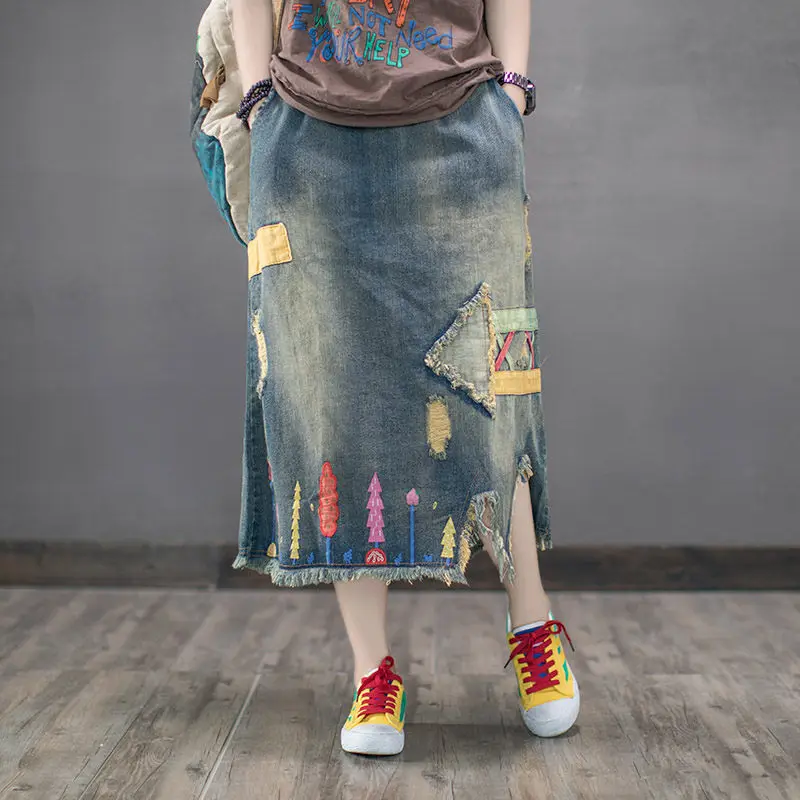 

Summer Retro Embroidery Denim Skirt Female Elastic Waist Hole Patch Cloth Long Skirt Vintage Jeans faldas mujer moda 2019 f1292