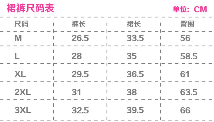 Badminton skirt size table