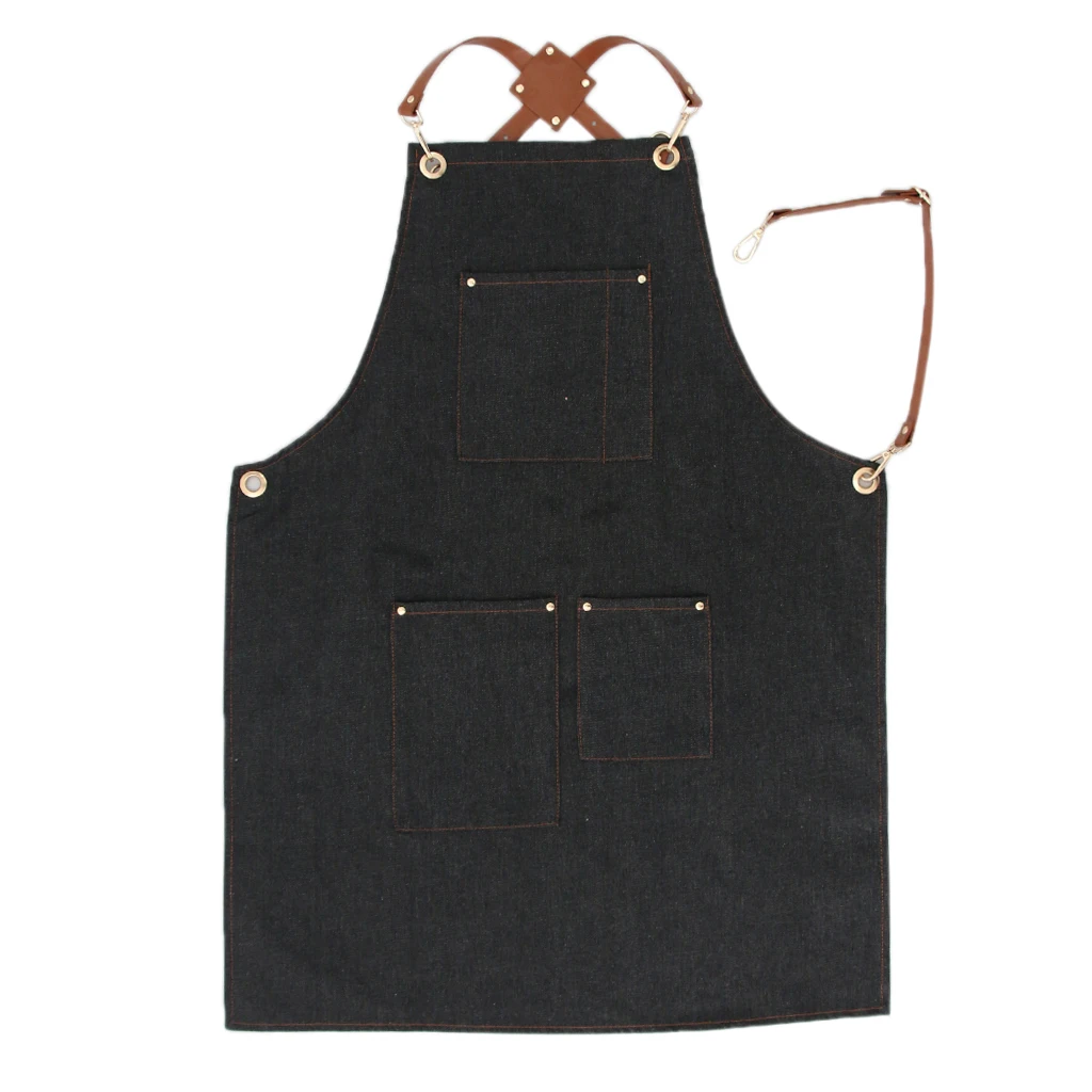 Ladies Men Leather Strap Denim Bib Apron BBQ Florist Baker Bartender Barista Chef Work Uniform