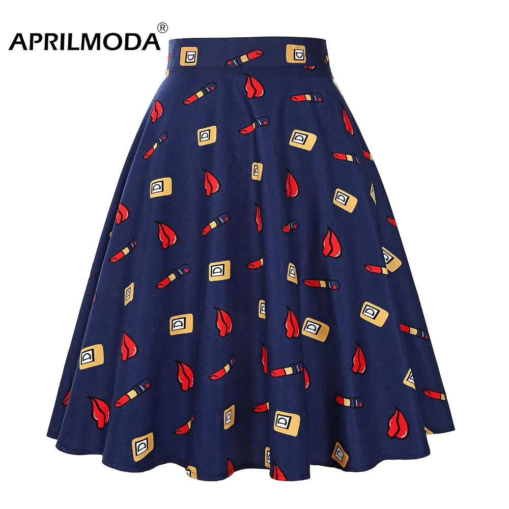 

Red Lips Printed Summer Retro 50s Swing Skirt High Waist Hepburn Pinup Runway Pleat Skirt Vintage 1950s 60s School Party Skirts