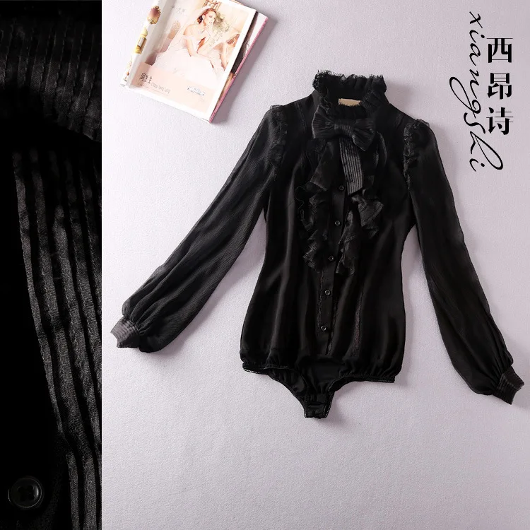 Элегантный Бант длинный рукав чистый шелк женская блузка 2017 корейская мода