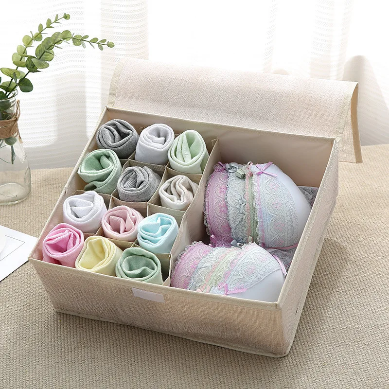 Cotton linen underwear receipt box multi-lattice foldable bra finishing with covered socks storage box underwear organizer - Цвет: Khaki