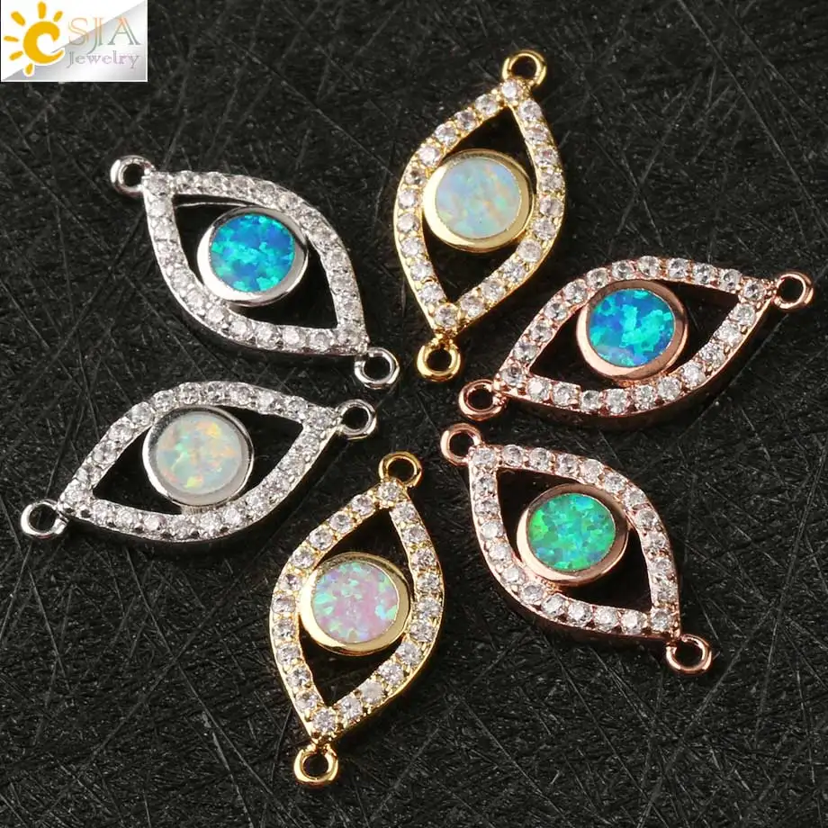 

CSJA Turkish Style Evil Eye Charms Fire Opal Lucky Blue Eyes Connector Micro-inlay Zircon for Amulet Fashion Jewelry Making G136