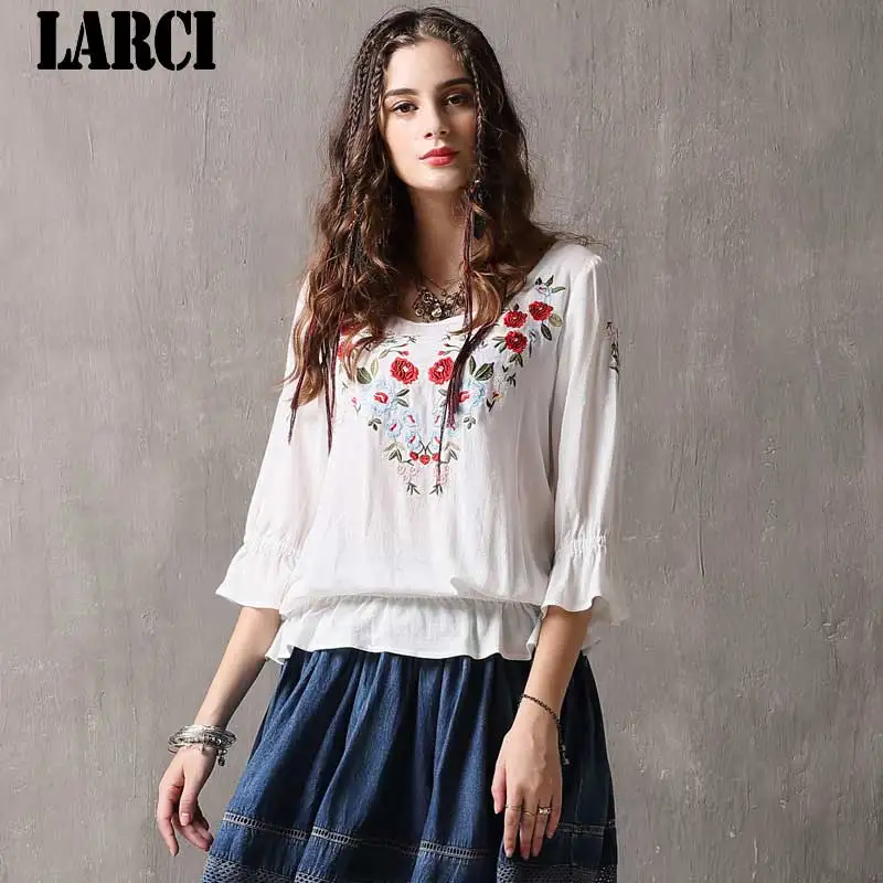 LARCI модные женские блузки 2018 Boho новые хлопковые с круглым вырезом расклешенными