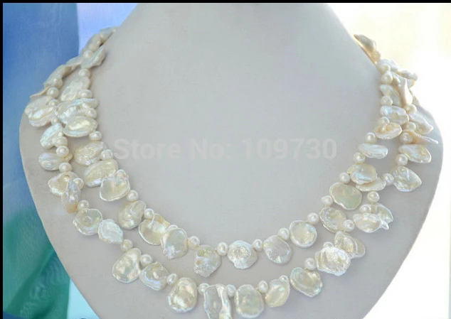 

Jewelr 003959 2strands 15mm white BAROQUE lamina KESHI REBORN PEARL NECKLACE