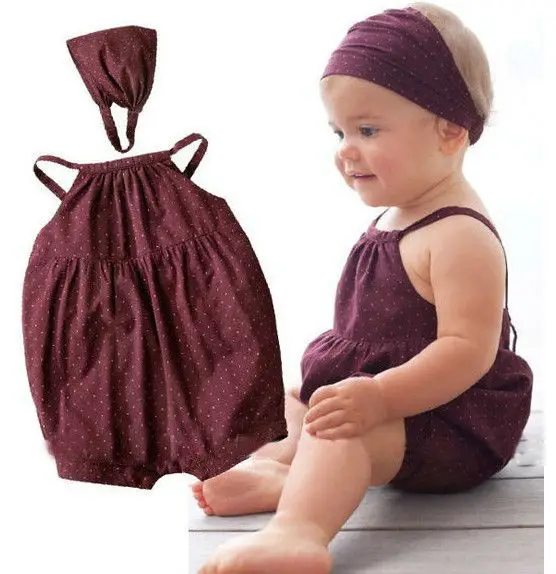 

2018 New Fashion Hot Selling Girl Clothes Set Baby Rompers Deep Red Suit/ Headband Newborn Baby Suits With Round Dots