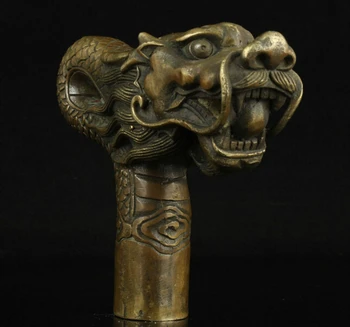 

ZSR914+++ China Old Handwork Carving Bronze Dragon Statue Cane Head Walking Stick