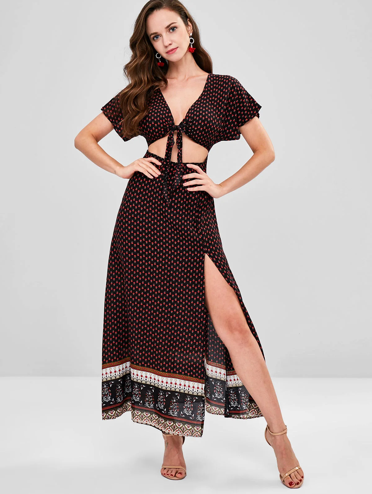 ZAFUL Tie Knot Cut Out Long Print Dressin Dresses from