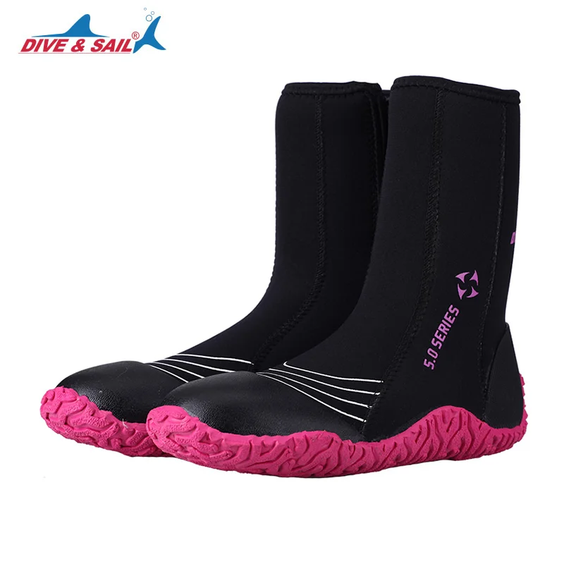 DIVE& SAIL 5 мм неопреновые ботинки для дайвинга с высоким верхом Нескользящая Водонепроницаемая спортивная обувь для плавания морозостойкая износостойкая обувь с защитой от царапин - Цвет: Black with Pink