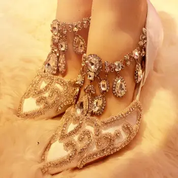 

Luxury Bling Bling Crystal Wedding Shoes Bride Pointed Toe Cut-out Low Heels Pumps Shoes Women Rhinestone Women Shoes High Heel