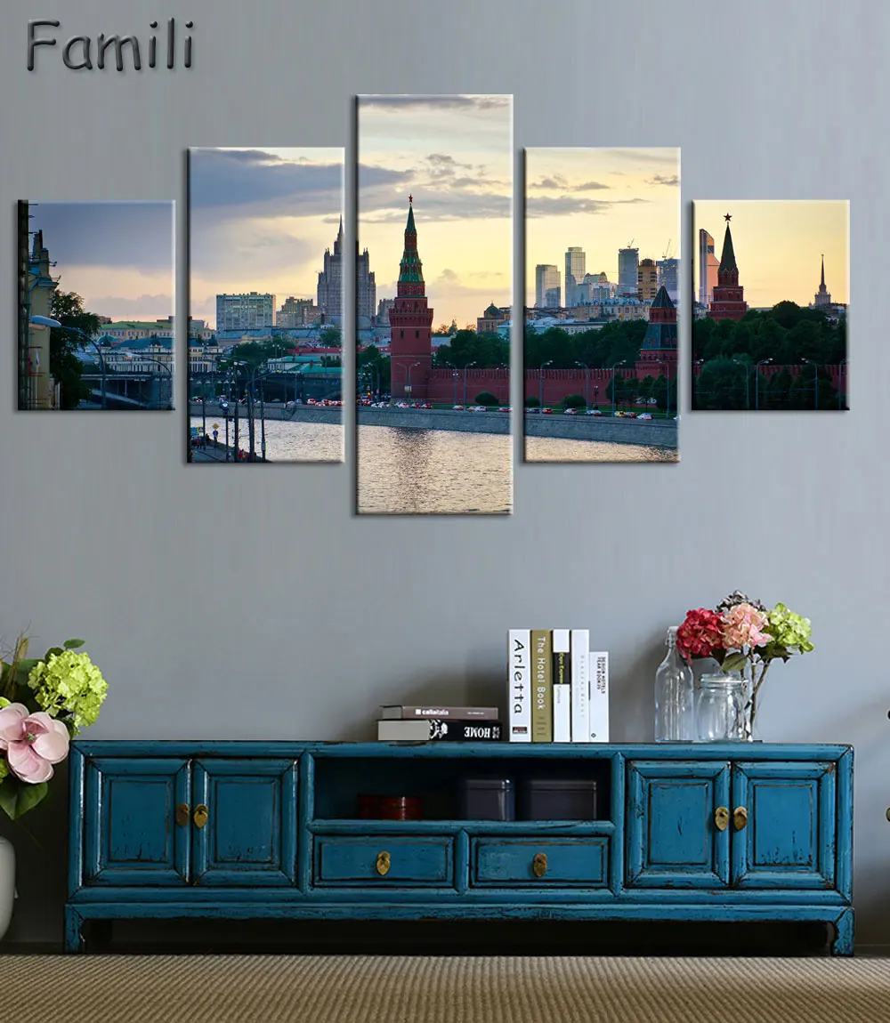 

Настенные художественные модульные картины, российский Кремль, город, Современная картина маслом на стене, картины для гостиной, 5 шт.