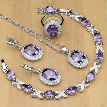 

Silver 925 Jewelry Purple Cubic Zirconia White Crystal Jewelry Sets For Women Earrings/Pendant/Rings/Bracelet/Necklace Set