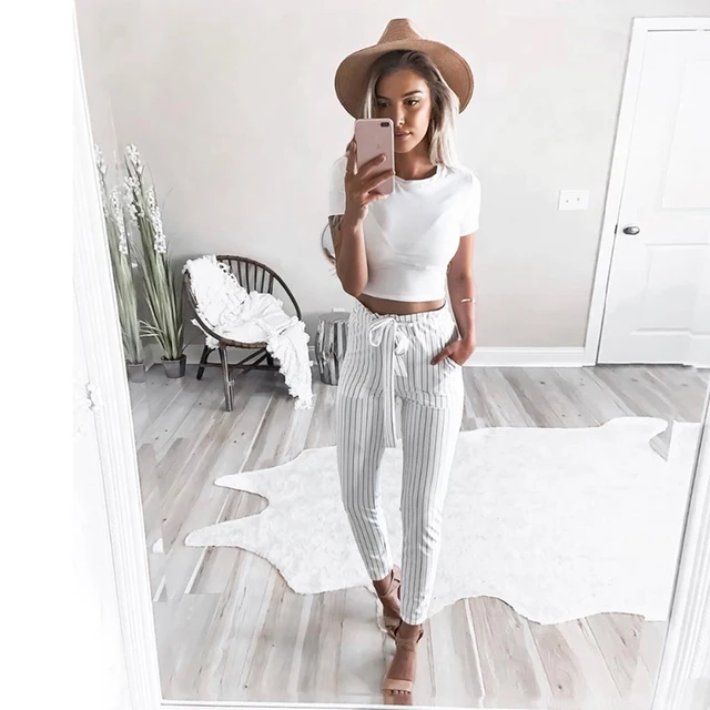 2018 nowe paski OL szyfon wysokiej talii harem Spodnie damskie stringyselvedge styl casual Spodnie damskie spodnie -