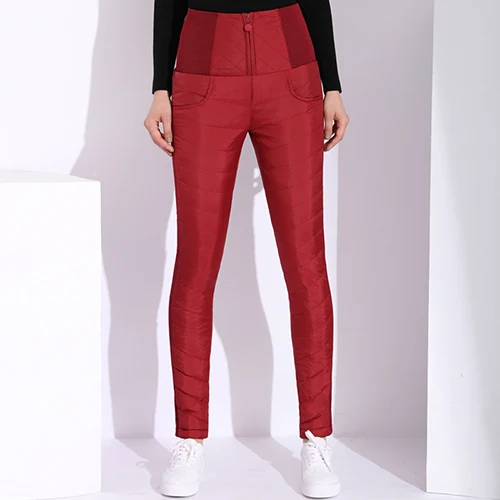 Зимние женские брюки на утином пуху, формальные брюки с высокой талией для женщин, черные обтягивающие теплые плотные брюки, женские ветрозащитные рабочие брюки - Цвет: Red