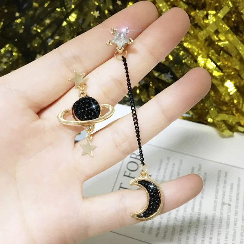 Женские асимметричные серьги с кристаллами богемные длинные черной планетой и