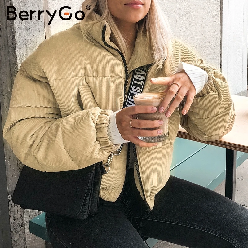 BerryGo винтажная Вельветовая парка, куртка, пальто,, Теплая стеганая уличная одежда, зимнее пальто, толстый мягкий карман, хаки, женская зимняя куртка