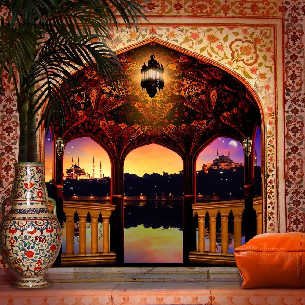Фон для свадебной фотосъемки с изображением пола Аравийского балкона дворца ночной колонны светильник пальмы