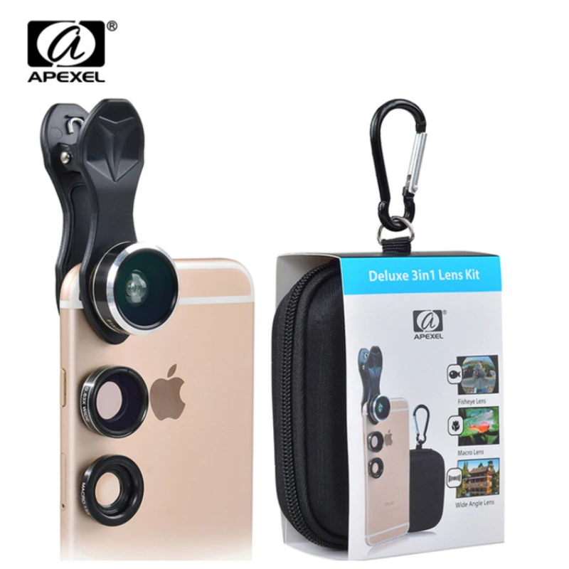 

APEXEL 3 in 1 Clip Cell Phone Camera 198 Degree Fisheye Lens + 0.63X Wide Angle +15X Macro Lens for iPhone Samsung Xiaomi